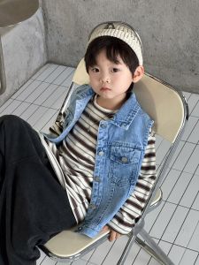 Boys Cartoon Vest Spring Autumn Versatile Kids Fashionable Korean Style Denim Egg Character Jumper for Middle And Small Children