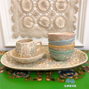 Hand-Painted Ceramic Floral Bowl Deep Dish Rice Bowl Noodle Bowl Water Cup Isolation Process French Style Porcelain Bowl