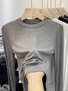 Elegant Long Sleeve round Neck T-Shirt Womens Base Layer Pure Color Slim Fit Versatile Spring Autumn New Style YONLARVIP