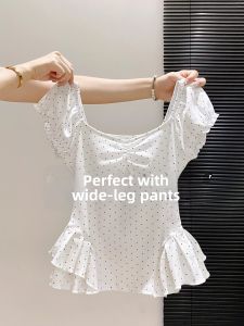 V.C.I | Dotted Square Neck Pleated Waist Peplum Hem Slim Fit Women Top