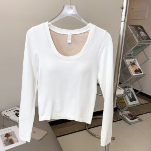 Ladies Advanced Yoga Fitness Clothes Pumpkin Color Fixed Cup Chest Pad Long Sleeve U-Neck Sports Top Slimming Tight Fit