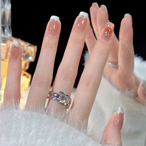 2024 New Handmade Luxury Vintage Wine Red Nail Tips with Diamonds Mid-Length Wearable False Nails Complete Nail Art