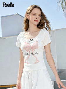 puella | Stylish Lace Trimmed Bow Decorated Short Sleeve T Shirt Women