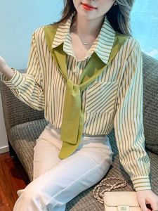 Spring 2024 Womens Loose Striped Shirt Fashionable Patchwork Shoulder Fake Two-Piece Pocket Long Sleeve Casual Business Shirt
