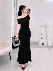 Set áo lệch vai tay ngắn kèm chân váy dài đuôi cá KVYBODY S49 chất thun cotton borip lụa dày mịn co giãn