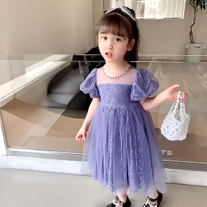 Gaun Anak Perempuan Lengan Puff Pita Manis Gaun Putri Kasa Abu-abu Ungu Renda for 2-8 tahun