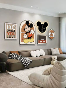 Modern Minimalist Living Room Decorative Artwork Mickey Mouse LED Light Clock Wall Painting Sofa Background Hanging Picture