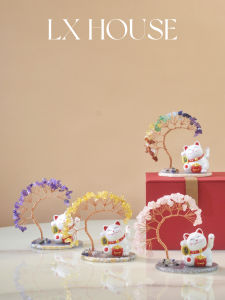 Natural Crystal Tree Wealth Attracting Cat Creative Desktop Decoration Birthday Gift Car Ornament Simple Modern Style Couple Suitable