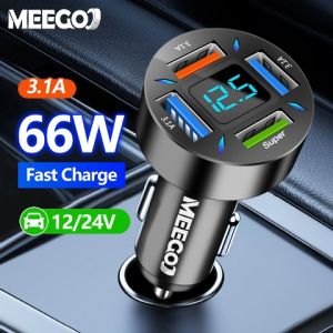 MeeGoo Car charger 66W Fast charging 4-USB-Port Portable car charger LED display screen Car charger socket outlet plug Car mobile device charging adapter COD