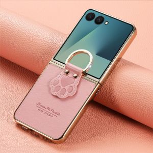 szhaiyu | Luxury Electroplated Cartoon Cat Claw Ring Phone Case for Samsung Galaxy Z Flip 8 7 6 5 4 Flip7 FE  PU Leather Protection Cover