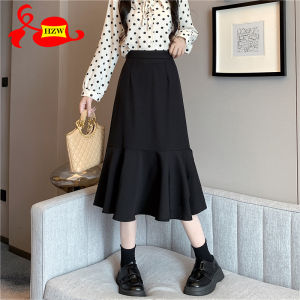 HZW กระโปรงหางปลาสีดำเด็กฤดูใบไม้ร่วง2023เอวสูงขนาดเล็กกระโปรงรูปตัว A ห่อสะโพกขนาดกลางและยาว