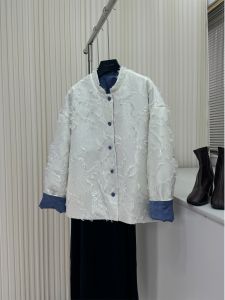 Feather Embellished Long Sleeve Double-Faced Cotton Jacket Chinese Style Stand Collar Women Outerwear Loose Fit Button Detail