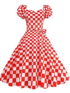 Retro Hong Kong Style S Sense V Neck Silm Barbie Pink Polka Dot Plaid Short Sleeve Mid-Length Dress Morning Gowns Dance Skirt