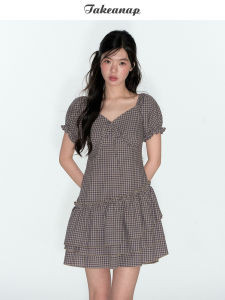 NAPSNAPS | Đầm Plaid Asymmetric Hai Lớp Dây Hem Mùa Hè Trẻ Trung V-Neck Ôm Eo