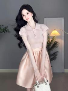 Princess Style Knitted A-Line Dress Womens Shirt Collar Splicing High-End Sensation Sweet Style Polyester Fiber 2024 Autumn