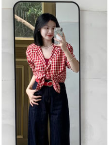 YUEZHONGWEI | Red Plaid Long Sleeve Womens Summer Thin Sun Protection Shirt Outerwear Cardigan Design Unique Top Korean Style Loose Fit