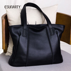 Esunarty Womens Large Capacity Soft Leather Shoulder Tote Bag British Style Casual Pure Color Zipper Closure Foldable Bag