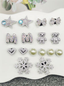 16PCS Silvery Rhinestone Snowflake Bowtie Shoe Charms DIY Accessories Bear Clogs Shoe Buckles Decorations Heart Beads Shoe Clips