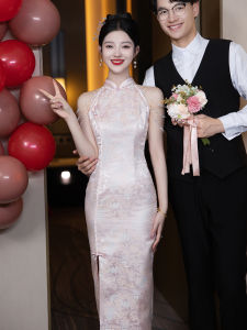 ชุดกี่เพ้าสีชมพูสำหรับเจ้าสาว ชุดราตรีสไตล์จีนใหม่ ชุดกี่เพ้าขนาดเล็ก ชุดกี่เพ้าผู้หญิง ชุดกี่เพ้าแบบปรับปรุงใหม่ ชุดกี่เพ้าผู้หญิง