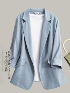Summer New plus Size Womens Blazer Jacket Thin Cotton Linen Fabric Seven Sleeve Womens Sunscreen Outerwear Commute Style