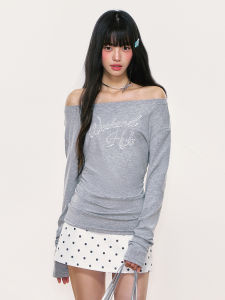 Weekendhub Letter Rhinestone One-Shoulder Long Sleeve Womens T-Shirt Unique Korean Style Not Matching Others Autumn Cotton