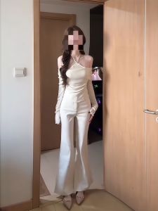 NINGXI | Off-Shoulder Knit Top and High-Waist Flare Pants Suit