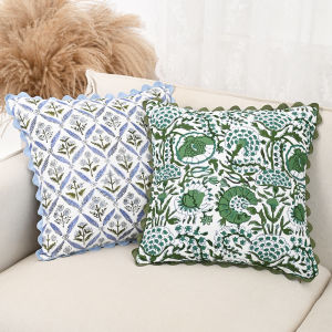 BUYNOW Blue Green Flowers Jacquard Lace Pillowcase Vintage Pastoral Living Room Sofa Cushion Cover Home Bedroom Bed Saddle Decor