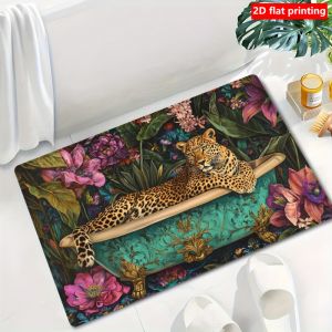 VIKAMA Tropical Floral Leopard Bath Mat Vintage Luxury Print Anti Slip Water Absorbent Bathroom Floor Rug Home Decor