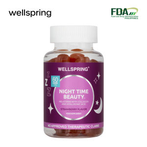 Wellspring Night Time Beauty Melatonin with Collagen and Hyaluronic Acid Gummies for Better Sleep with Glowing Skin Anti Aging