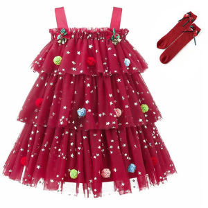 Girls Christmas Set Kids Star Sequins Red/Green Dress with Socks for Dance Evening Party Tiered Tulle Princess Dresses