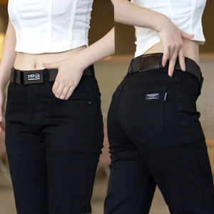 กางเกงยีนส์ทรงสลิมฟิตสำหรับผู้ชาย สีดำแท้ 2025 ใหม่ กางเกงขายาวทรงหลวมเอวกลาง ทรงเข้ารูป ผ้าฝ้ายยืด สำหรับฤดูใบไม้ร่วงและฤดูหนาว