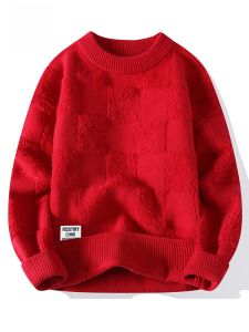 ROMON | Lormen Mens Thickened Red Sweater Round Neck Knitted Base Layer Winter Warm Casual Loose Fit Polyester Nylon Acrylic Blend