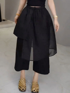 Shalldoer | Black Mesh Splice Wide Leg Casual Pants Womens Summer Commute Straight Tube Pants High Waist Elastic Korean Style Eighteen