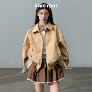 OAKMOO | Áo Khoác Ngắn Cổ Bẻ Vintage Họa Tiết Caro Đôi Mặt
