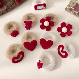 Red Plush Hair Ties Set of 7 Korean Simple Bun Hair Ties Elastic Hair Bands Ins Style Hair Accessories for Family Organization