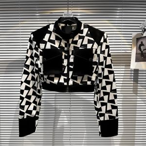 Trendy Black White Plaid Shoulder Pad Leather Jacket Short Outerwear Stand Collar Spicy Girl Street Style Spring 2023 Womens Fashion