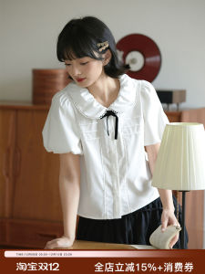 White Ruffle Sleeve Short Sleeve Shirt for Women Summer Original Design Baby Collar Flounce Cuff Short Length Top by Cong Tailor