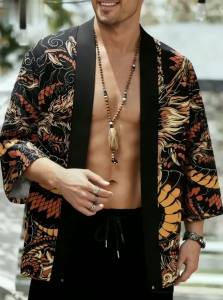 Áo Kimono Nam Mùa Hè In Hình Rồng Cổ Điển Chất Liệu Mềm Mại Thoáng Khí Kiểu Dáng Truyền Thống Jubba Thobe Thích Hợp Cho Các Chuyến Đi Dã Ngoại