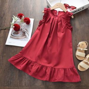 Menoea mùa hè mới váy cho bé gái xù viền không tay màu đỏ xếp li váy công chúa quần áo trẻ em trang phục quần áo tiệc giáng sinh trẻ em từ 3 đến 7 tuổi