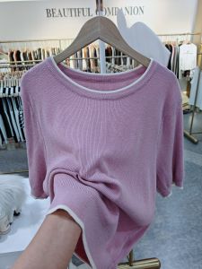 เสื้อสเวตเตอร์ถักคอปกมนทรงสลิมฟิตสำหรับผู้หญิง ฤดูใบไม้ผลิ 2025 เสื้อสเวตเตอร์ถักแบบคอปกมนลายการ์ตูนสีสันสดใส แขนสั้น ปกติ