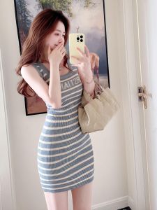 Chic Letter Stripe Knitted Vest Dress Miniature Elegant Cold Tone Spicy Girl High Waist A-Line Skirt Autumn Fashion Womens Dress