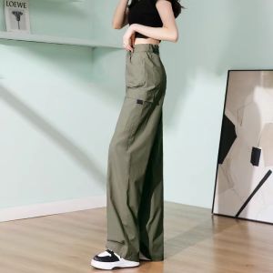 FIGHT FISH | Military Green Workwear Pants Womens Summer Thin Wide Leg Cotton Quick Dry American Functional Parachute Pants High Waist Pocket
