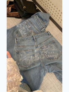 American Retro Kitty Cat Denim Pants Women Loose Butterfly Knot Diamond Design Lazy Long Trousers Autumn New Style Casual Jeans