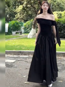 BINKAFENNY | Elegant Black Sash One Shoulder Long Dress Women Summer Design Beautiful Waist Cinched Gown Fairy Tale Style High Waist Pure Color