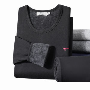 Mens Thermal Underwear Set Thickened Fleece Cotton Wool Sweater And Pants for Winter Base Layer Simple round Neck Long Sleeve
