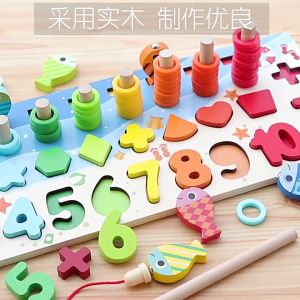 Đồ chơi phát triển trí tuệ bằng gỗ 6 trong 1 - bộ câu cá ghép hình chữ số và hình khối - Đồ chơi MiniKids
