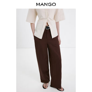 Mango | Womens High-Waisted Straight-Leg Cotton-Linen Blend Workwear Casual Pants