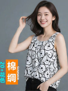 เสื้อกล้ามผ้าไหมคอตตอนบางสำหรับผู้หญิงในฤดูร้อน เสื้อผ้าใส่ในบ้านแขนกุดลายดอกไม้ผ้าฝ้ายเทียม ใส่กลางแจ้งได้ ความยาวปกติ