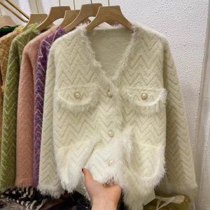 Loose V-neck Mink Knitwear Womens Autumn Winter Fashion Elegant Cardigan Long Sleeve Button Detail Regular Length Solid Color