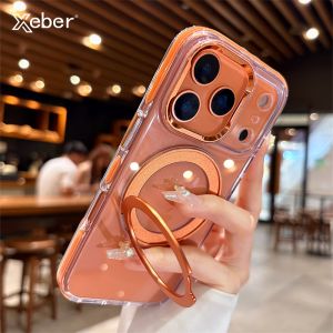 Rotating Bracket Bumper Transparent For Magsafe Case for iPhone 17 16 15 Pro Max Air Magnetic Wireless Charging Acrylic Cover